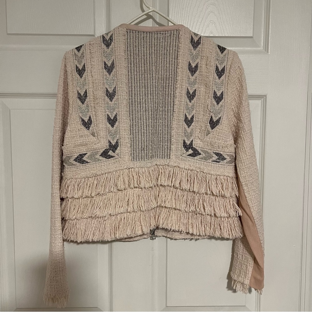 Rebecca Taylor Cropped Wool Blend Lamb Leather Tweed Jacket Size 8 - Picture 5 of 7